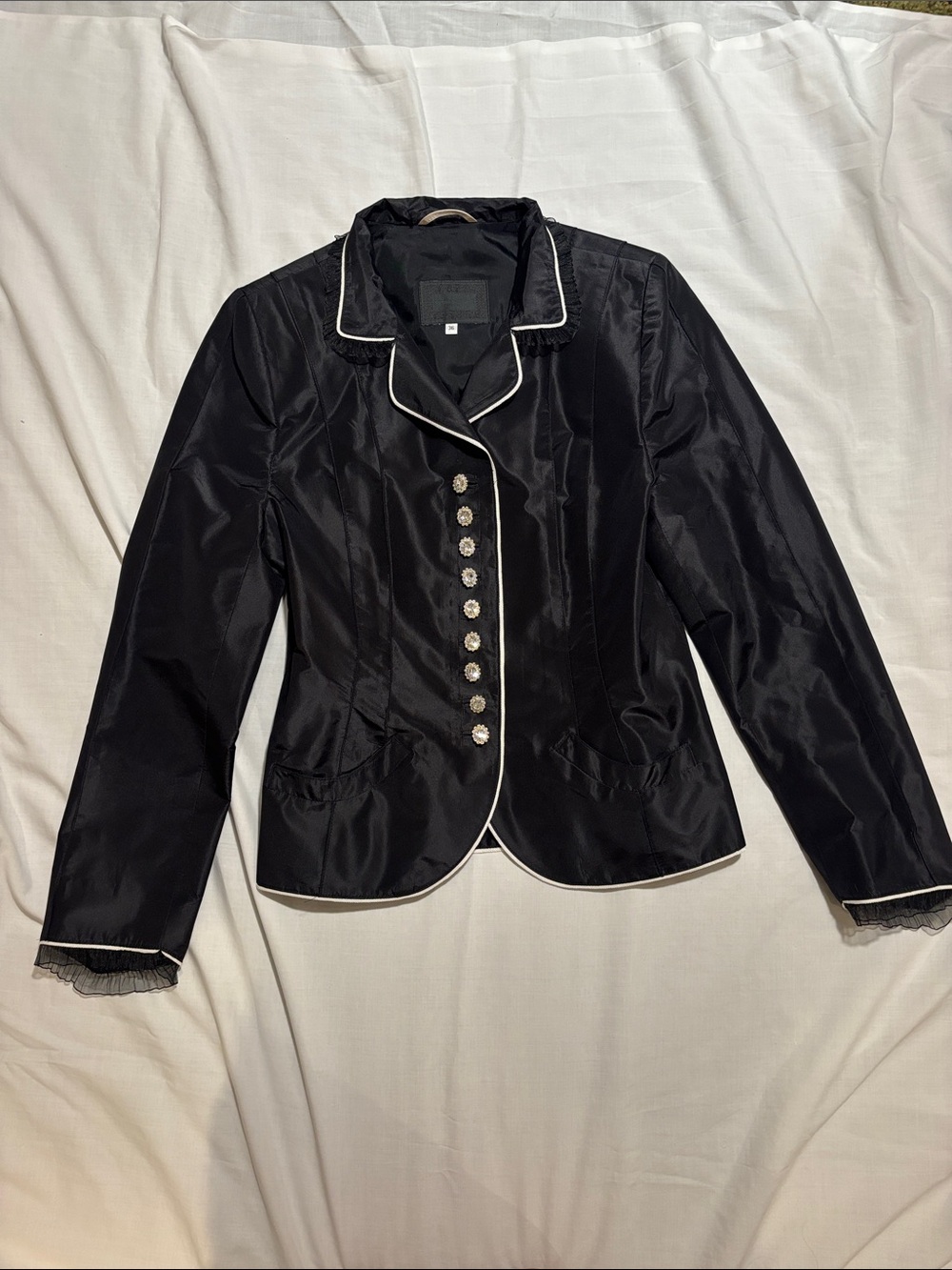 Susanne Spatt: Satin Black Piped Blazer with Decorative Buttons